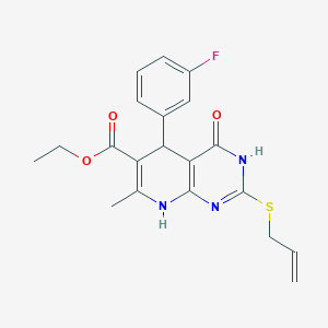 molecular formula C20H20FN3O3S B2956191 Ethyl 2-(allylthio)-5-(3-fluorophenyl)-7-methyl-4-oxo-3,4,5,8-tetrahydropyrido[2,3-d]pyrimidine-6-carboxylate CAS No. 923818-89-7