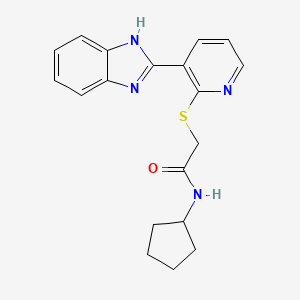 molecular formula C19H20N4OS B2956237 2-((3-(1H-benzo[d]imidazol-2-yl)pyridin-2-yl)thio)-N-cyclopentylacetamide CAS No. 1207001-02-2