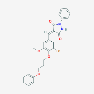 molecular formula C26H23BrN2O5 B295626 (4E)-4-[3-bromo-5-methoxy-4-(3-phenoxypropoxy)benzylidene]-1-phenylpyrazolidine-3,5-dione 
