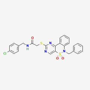 molecular formula C26H21ClN4O3S2 B2956289 2-[(6-benzyl-5,5-dioxido-6H-pyrimido[5,4-c][2,1]benzothiazin-2-yl)thio]-N-(4-chlorobenzyl)acetamide CAS No. 932475-99-5