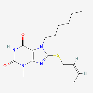 molecular formula C16H24N4O2S B2956302 8-[(Z)-but-2-enyl]sulfanyl-7-hexyl-3-methylpurine-2,6-dione CAS No. 329700-89-2