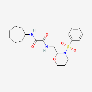 molecular formula C20H29N3O5S B2956307 N1-cycloheptyl-N2-((3-(phenylsulfonyl)-1,3-oxazinan-2-yl)methyl)oxalamide CAS No. 872881-25-9