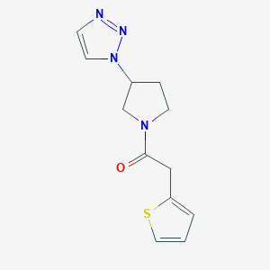 molecular formula C12H14N4OS B2956352 1-(3-(1H-1,2,3-triazol-1-yl)pyrrolidin-1-yl)-2-(thiophen-2-yl)ethanone CAS No. 1795083-73-6