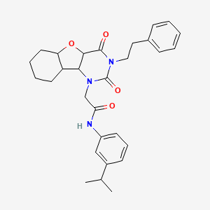 molecular formula C29H27N3O4 B2956371 2-[4,6-dioxo-5-(2-phenylethyl)-8-oxa-3,5-diazatricyclo[7.4.0.0^{2,7}]trideca-1(9),2(7),10,12-tetraen-3-yl]-N-[3-(propan-2-yl)phenyl]acetamide CAS No. 1326919-51-0
