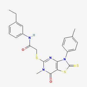 molecular formula C23H22N4O2S3 B2956373 N-(3-ethylphenyl)-2-((6-methyl-7-oxo-2-thioxo-3-(p-tolyl)-2,3,6,7-tetrahydrothiazolo[4,5-d]pyrimidin-5-yl)thio)acetamide CAS No. 933233-40-0