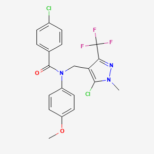 molecular formula C20H16Cl2F3N3O2 B2956431 4-chloro-N-[[5-chloro-1-methyl-3-(trifluoromethyl)pyrazol-4-yl]methyl]-N-(4-methoxyphenyl)benzamide CAS No. 956184-23-9