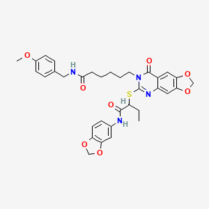 molecular formula C34H36N4O8S B2956444 6-[6-({1-[(1,3-苯并二氧杂环-5-基氨基)羰基]丙基}硫)-8-氧代[1,3]二氧杂环[4,5-g]喹唑啉-7(8H)-基]-N-(4-甲氧基苄基)己酰胺 CAS No. 688061-19-0