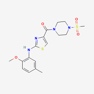 molecular formula C17H22N4O4S2 B2956527 (2-((2-Methoxy-5-methylphenyl)amino)thiazol-4-yl)(4-(methylsulfonyl)piperazin-1-yl)methanone CAS No. 1172042-01-1