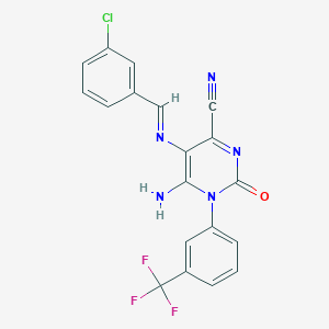 molecular formula C19H11ClF3N5O B2956537 5-[(E)-(3-氯苯基)亚甲基]氨基-6-亚氨基-2-氧代-1-[3-(三氟甲基)苯基]-1,2,3,6-四氢-4-嘧啶碳腈 CAS No. 946386-25-0