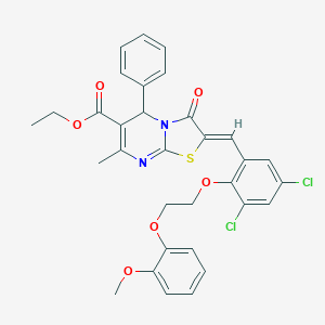 molecular formula C32H28Cl2N2O6S B295654 ethyl 2-{3,5-dichloro-2-[2-(2-methoxyphenoxy)ethoxy]benzylidene}-7-methyl-3-oxo-5-phenyl-2,3-dihydro-5H-[1,3]thiazolo[3,2-a]pyrimidine-6-carboxylate 