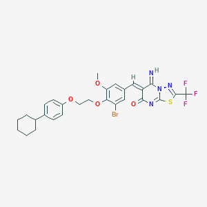 molecular formula C28H26BrF3N4O4S B295656 (6Z)-6-{3-bromo-4-[2-(4-cyclohexylphenoxy)ethoxy]-5-methoxybenzylidene}-5-imino-2-(trifluoromethyl)-5,6-dihydro-7H-[1,3,4]thiadiazolo[3,2-a]pyrimidin-7-one 