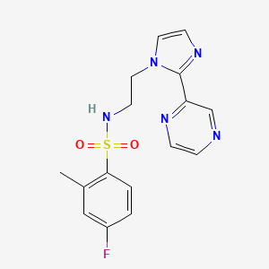 molecular formula C16H16FN5O2S B2956567 4-氟-2-甲基-N-(2-(2-(吡嗪-2-基)-1H-咪唑-1-基)乙基)苯磺酰胺 CAS No. 2034634-02-9