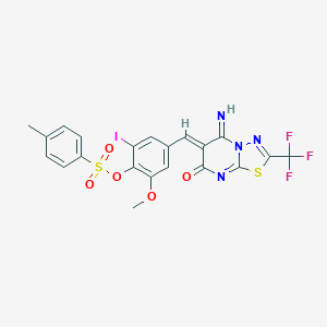 molecular formula C21H14F3IN4O5S2 B295657 4-{(Z)-[5-imino-7-oxo-2-(trifluoromethyl)-5H-[1,3,4]thiadiazolo[3,2-a]pyrimidin-6(7H)-ylidene]methyl}-2-iodo-6-methoxyphenyl 4-methylbenzenesulfonate 