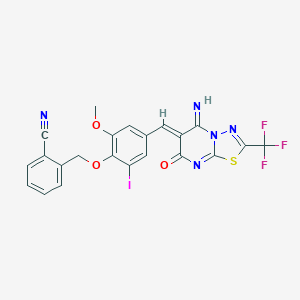 molecular formula C22H13F3IN5O3S B295658 2-[(4-{(Z)-[5-imino-7-oxo-2-(trifluoromethyl)-5H-[1,3,4]thiadiazolo[3,2-a]pyrimidin-6(7H)-ylidene]methyl}-2-iodo-6-methoxyphenoxy)methyl]benzonitrile 