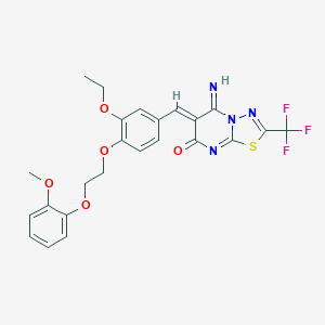 molecular formula C24H21F3N4O5S B295661 6-{3-ethoxy-4-[2-(2-methoxyphenoxy)ethoxy]benzylidene}-5-imino-2-(trifluoromethyl)-5,6-dihydro-7H-[1,3,4]thiadiazolo[3,2-a]pyrimidin-7-one 
