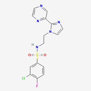 molecular formula C15H13ClFN5O2S B2956618 3-chloro-4-fluoro-N-(2-(2-(pyrazin-2-yl)-1H-imidazol-1-yl)ethyl)benzenesulfonamide CAS No. 2034501-38-5