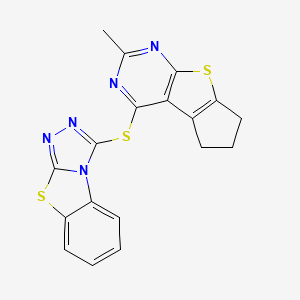 molecular formula C18H13N5S3 B2956915 3-((2-methyl-6,7-dihydro-5H-cyclopenta[4,5]thieno[2,3-d]pyrimidin-4-yl)thio)benzo[4,5]thiazolo[2,3-c][1,2,4]triazole CAS No. 307512-18-1