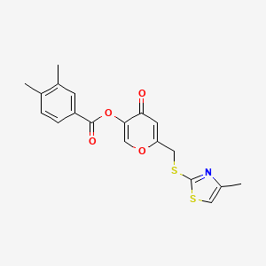 molecular formula C19H17NO4S2 B2956971 6-(((4-methylthiazol-2-yl)thio)methyl)-4-oxo-4H-pyran-3-yl 3,4-dimethylbenzoate CAS No. 896302-30-0