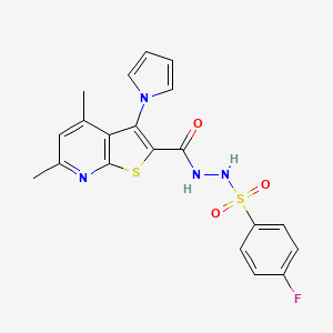 molecular formula C20H17FN4O3S2 B2956976 N'-{[4,6-dimethyl-3-(1H-pyrrol-1-yl)thieno[2,3-b]pyridin-2-yl]carbonyl}-4-fluorobenzenesulfonohydrazide CAS No. 478029-13-9