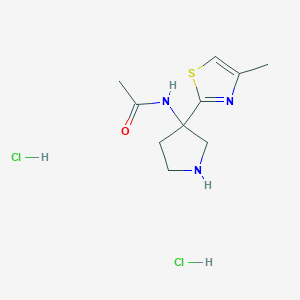 molecular formula C10H17Cl2N3OS B2957000 N-[3-(4-甲基-1,3-噻唑-2-基)吡咯烷-3-基]乙酰胺二盐酸盐 CAS No. 1955494-73-1