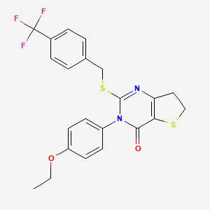 molecular formula C22H19F3N2O2S2 B2957029 3-(4-ethoxyphenyl)-2-((4-(trifluoromethyl)benzyl)thio)-6,7-dihydrothieno[3,2-d]pyrimidin-4(3H)-one CAS No. 686772-73-6
