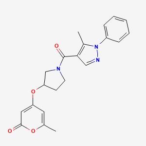 molecular formula C21H21N3O4 B2957056 6-methyl-4-((1-(5-methyl-1-phenyl-1H-pyrazole-4-carbonyl)pyrrolidin-3-yl)oxy)-2H-pyran-2-one CAS No. 1705334-05-9