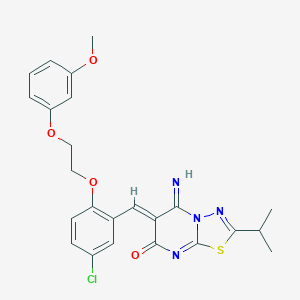 molecular formula C24H23ClN4O4S B295709 6-{5-chloro-2-[2-(3-methoxyphenoxy)ethoxy]benzylidene}-5-imino-2-isopropyl-5,6-dihydro-7H-[1,3,4]thiadiazolo[3,2-a]pyrimidin-7-one 