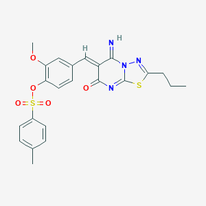 molecular formula C23H22N4O5S2 B295713 4-[(Z)-(5-imino-7-oxo-2-propyl-5H-[1,3,4]thiadiazolo[3,2-a]pyrimidin-6(7H)-ylidene)methyl]-2-methoxyphenyl 4-methylbenzenesulfonate 