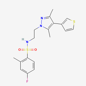 molecular formula C18H20FN3O2S2 B2957158 N-(2-(3,5-dimethyl-4-(thiophen-3-yl)-1H-pyrazol-1-yl)ethyl)-4-fluoro-2-methylbenzenesulfonamide CAS No. 2034511-18-5