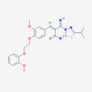 molecular formula C25H26N4O5S B295716 5-imino-2-isopropyl-6-{3-methoxy-4-[2-(2-methoxyphenoxy)ethoxy]benzylidene}-5,6-dihydro-7H-[1,3,4]thiadiazolo[3,2-a]pyrimidin-7-one 