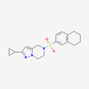 molecular formula C19H23N3O2S B2957186 2-Cyclopropyl-5-((5,6,7,8-tetrahydronaphthalen-2-yl)sulfonyl)-4,5,6,7-tetrahydropyrazolo[1,5-a]pyrazine CAS No. 2034278-76-5