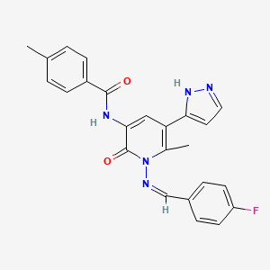 molecular formula C24H20FN5O2 B2957229 N-[1-[(Z)-(4-fluorophenyl)methylideneamino]-6-methyl-2-oxo-5-(1H-pyrazol-5-yl)pyridin-3-yl]-4-methylbenzamide CAS No. 321385-51-7