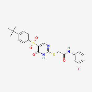 molecular formula C22H22FN3O4S2 B2957235 2-((5-((4-(叔丁基)苯基)磺酰基)-6-氧代-1,6-二氢嘧啶-2-基)硫代)-N-(3-氟苯基)乙酰胺 CAS No. 904583-12-6