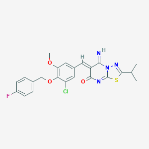 molecular formula C23H20ClFN4O3S B295728 6-{3-chloro-4-[(4-fluorobenzyl)oxy]-5-methoxybenzylidene}-5-imino-2-isopropyl-5,6-dihydro-7H-[1,3,4]thiadiazolo[3,2-a]pyrimidin-7-one 