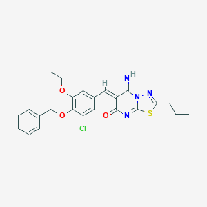 molecular formula C24H23ClN4O3S B295730 6-[4-(benzyloxy)-3-chloro-5-ethoxybenzylidene]-5-imino-2-propyl-5,6-dihydro-7H-[1,3,4]thiadiazolo[3,2-a]pyrimidin-7-one 