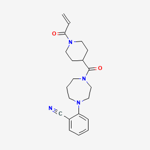 molecular formula C21H26N4O2 B2957356 2-[4-(1-Prop-2-enoylpiperidine-4-carbonyl)-1,4-diazepan-1-yl]benzonitrile CAS No. 2361822-87-7