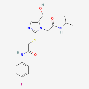 molecular formula C17H21FN4O3S B2957375 N-(4-氟苯基)-2-((5-(羟甲基)-1-(2-(异丙氨基)-2-氧代乙基)-1H-咪唑-2-基)硫代)乙酰胺 CAS No. 921866-98-0