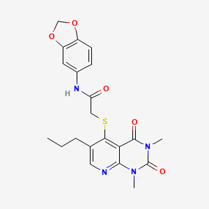 molecular formula C21H22N4O5S B2957377 N-(benzo[d][1,3]dioxol-5-yl)-2-((1,3-dimethyl-2,4-dioxo-6-propyl-1,2,3,4-tetrahydropyrido[2,3-d]pyrimidin-5-yl)thio)acetamide CAS No. 899747-87-6