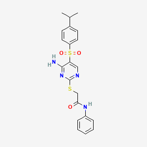 molecular formula C21H22N4O3S2 B2957399 2-((4-amino-5-((4-isopropylphenyl)sulfonyl)pyrimidin-2-yl)thio)-N-phenylacetamide CAS No. 894949-10-1