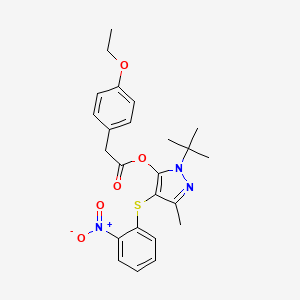 molecular formula C24H27N3O5S B2957408 1-(tert-butyl)-3-methyl-4-((2-nitrophenyl)thio)-1H-pyrazol-5-yl 2-(4-ethoxyphenyl)acetate CAS No. 851127-25-8