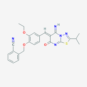 molecular formula C25H23N5O3S B295742 2-({2-ethoxy-4-[(5-imino-2-isopropyl-7-oxo-5H-[1,3,4]thiadiazolo[3,2-a]pyrimidin-6(7H)-ylidene)methyl]phenoxy}methyl)benzonitrile 