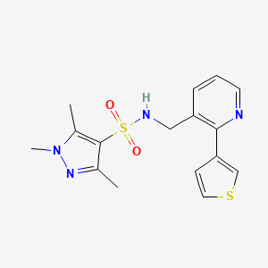 molecular formula C16H18N4O2S2 B2957423 1,3,5-trimethyl-N-((2-(thiophen-3-yl)pyridin-3-yl)methyl)-1H-pyrazole-4-sulfonamide CAS No. 2319633-74-2
