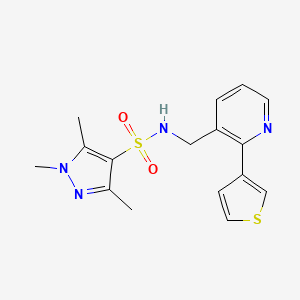 molecular formula C16H18N4O2S2 B2957423 1,3,5-三甲基-N-((2-(噻吩-3-基)吡啶-3-基)甲基)-1H-吡唑-4-磺酰胺 CAS No. 2319633-74-2