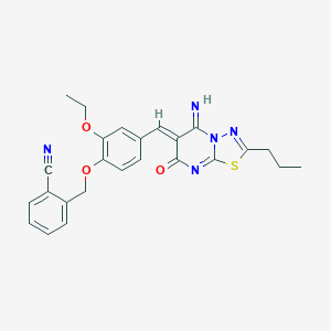 molecular formula C25H23N5O3S B295743 2-({2-ethoxy-4-[(Z)-(5-imino-7-oxo-2-propyl-5H-[1,3,4]thiadiazolo[3,2-a]pyrimidin-6(7H)-ylidene)methyl]phenoxy}methyl)benzonitrile 