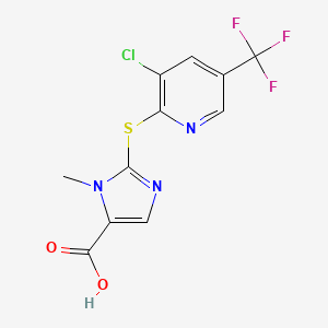 molecular formula C11H7ClF3N3O2S B2957450 2-((3-Chloro-5-(trifluoromethyl)-2-pyridinyl)sulfanyl)-1-methyl-1H-imidazole-5-carboxylic acid CAS No. 338793-05-8