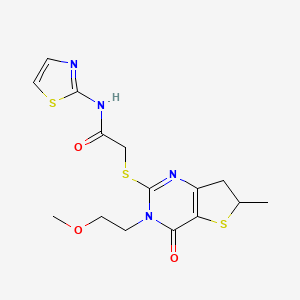 molecular formula C15H18N4O3S3 B2957469 2-((3-(2-methoxyethyl)-6-methyl-4-oxo-3,4,6,7-tetrahydrothieno[3,2-d]pyrimidin-2-yl)thio)-N-(thiazol-2-yl)acetamide CAS No. 851410-22-5