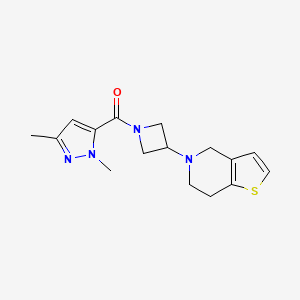 molecular formula C16H20N4OS B2957471 (3-(6,7-dihydrothieno[3,2-c]pyridin-5(4H)-yl)azetidin-1-yl)(1,3-dimethyl-1H-pyrazol-5-yl)methanone CAS No. 2309556-87-2