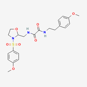 molecular formula C22H27N3O7S B2957481 N1-(4-甲氧基苯乙基)-N2-((3-((4-甲氧基苯基)磺酰基)恶唑烷-2-基)甲基)草酰胺 CAS No. 868981-42-4