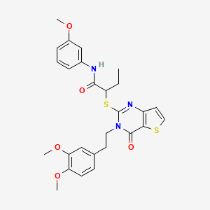 molecular formula C27H29N3O5S2 B2957502 2-((3-(3,4-dimethoxyphenethyl)-4-oxo-3,4-dihydrothieno[3,2-d]pyrimidin-2-yl)thio)-N-(3-methoxyphenyl)butanamide CAS No. 1798679-83-0
