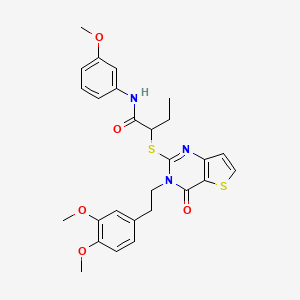 molecular formula C27H29N3O5S2 B2957502 2-((3-(3,4-二甲氧基苯乙基)-4-氧代-3,4-二氢噻吩并[3,2-d]嘧啶-2-基)硫)-N-(3-甲氧基苯基)丁酰胺 CAS No. 1798679-83-0